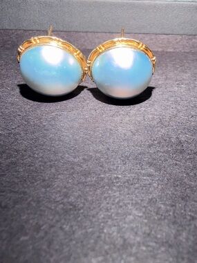 Gold-Trim Blue Iridescent Dome Stud Earrings - Women Accessories